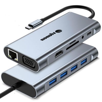 11-in-1 USB C Hub, Laptop Docking Station with RJ45 Gigabit Ethernet, 4K HDMI, 1080P VGA, SD/Micro SD Card Reader, 3.5 mm Audio Aux Jack, PD 100W Charging, Full Functional USB C Dongle