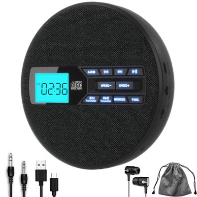 M-Amazup CD Player Portable, Rechargeable Portable CD Player with Dual Speakers and Anti Skip,CD,Dual Bluetooth,FM Transmission,USB,AUX,LCD Display,Backlit Button,Repeat,10 Speeds,Fabric Black
