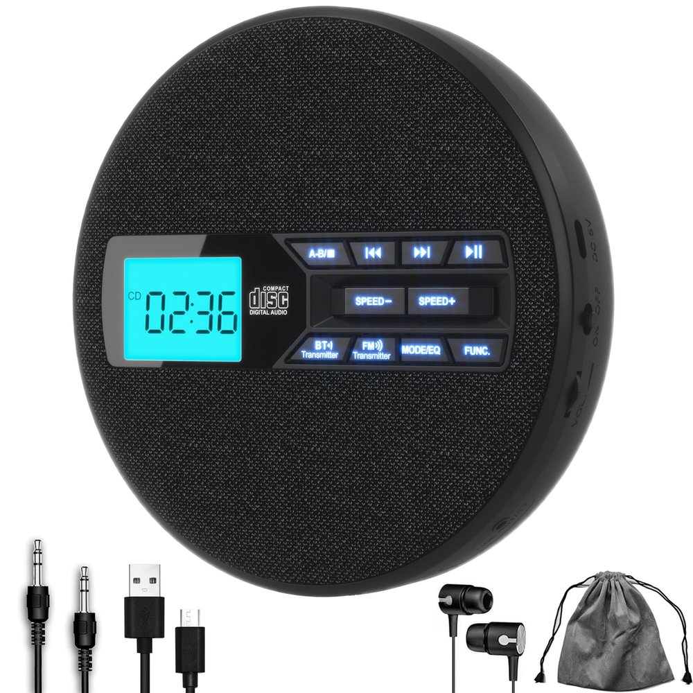 M-Amazup CD Player Portable, Rechargeable Portable CD Player with Dual Speakers and Anti Skip,CD,Dual Bluetooth,FM Transmission,USB,AUX,LCD Display,Backlit Button,Repeat,10 Speeds,Fabric Black
