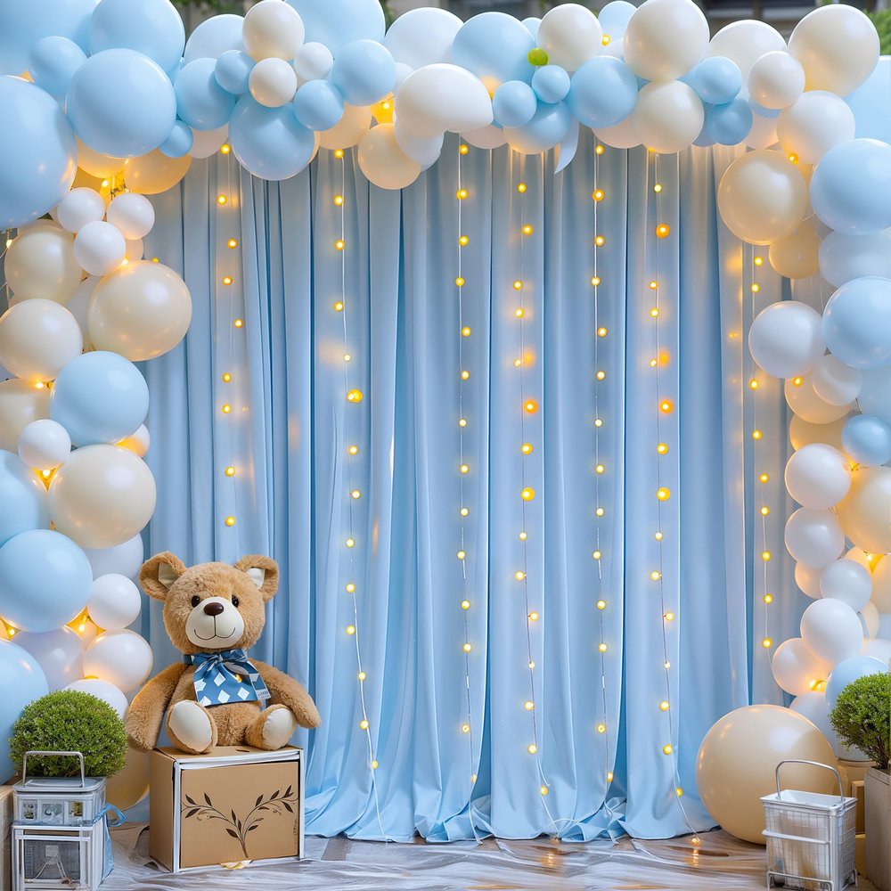 20x10FT Blue Backdrop Curtains with Lights for Parties,Wrinkle Free Wedding Photo Backdrop Curtains for Baby Shower Birthday Ceremony Reception Home Party Decorations-5ft x 10ft,4 Panels