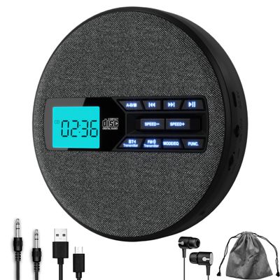 M-Amazup CD Player Portable, Rechargeable Portable CD Player with Dual Speakers and Anti Skip,CD,Dual Bluetooth,FM Transmission,USB,AUX,LCD Display,Backlit Button,Repeat,10 Speeds Home Car Fabric Gray