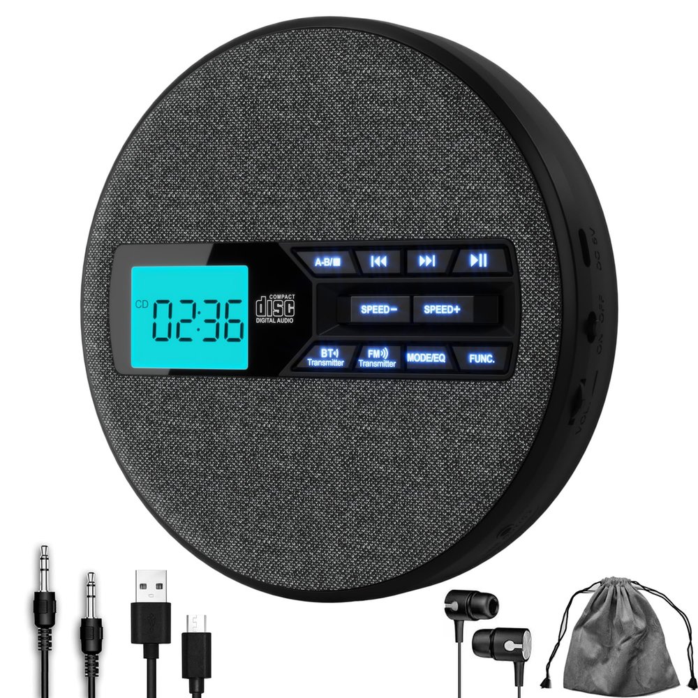 M-Amazup CD Player Portable, Rechargeable Portable CD Player with Dual Speakers and Anti Skip,CD,Dual Bluetooth,FM Transmission,USB,AUX,LCD Display,Backlit Button,Repeat,10 Speeds Home Car Fabric Gray