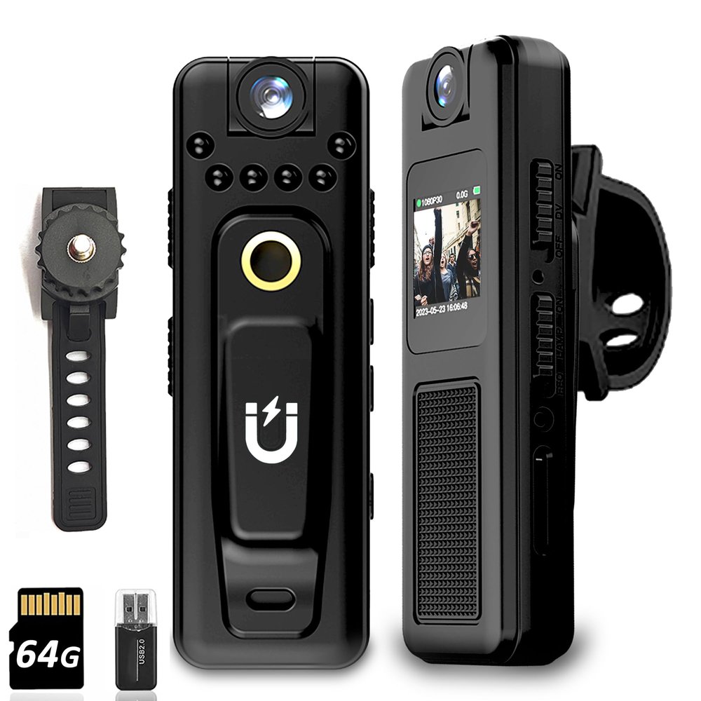 Mini Body Camera with Night Vision, 1080P HD Body Cam with 180 Rotatable Lens, Portable Body Worn Camera with 64GB Card, Loop Recording for Security, Law Enforcement, Outdoor Travel, Hiking