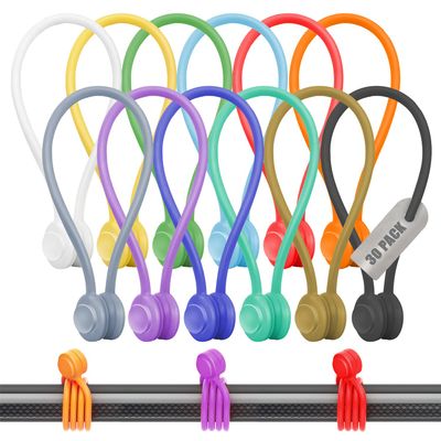 30-Pack Magnetic Cable Ties  Snap-On Silicone Magnetic Cord Ties with Strong Magnets  Reusable Magnetic Ties for Cords, Wire Organizer, Charging Cord Organizer  Assorted Colors