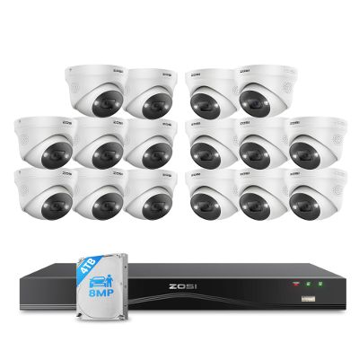 ZOSI 32 Channel 4K PoE Security Camera System,16x 8MP Outdoor Indoor Cameras,2 Way Audio,Color Night Vision,AI Person/Vehicle Detection,32CH 16 Port Commercial NVR 4TB HDD Surveillance for Business