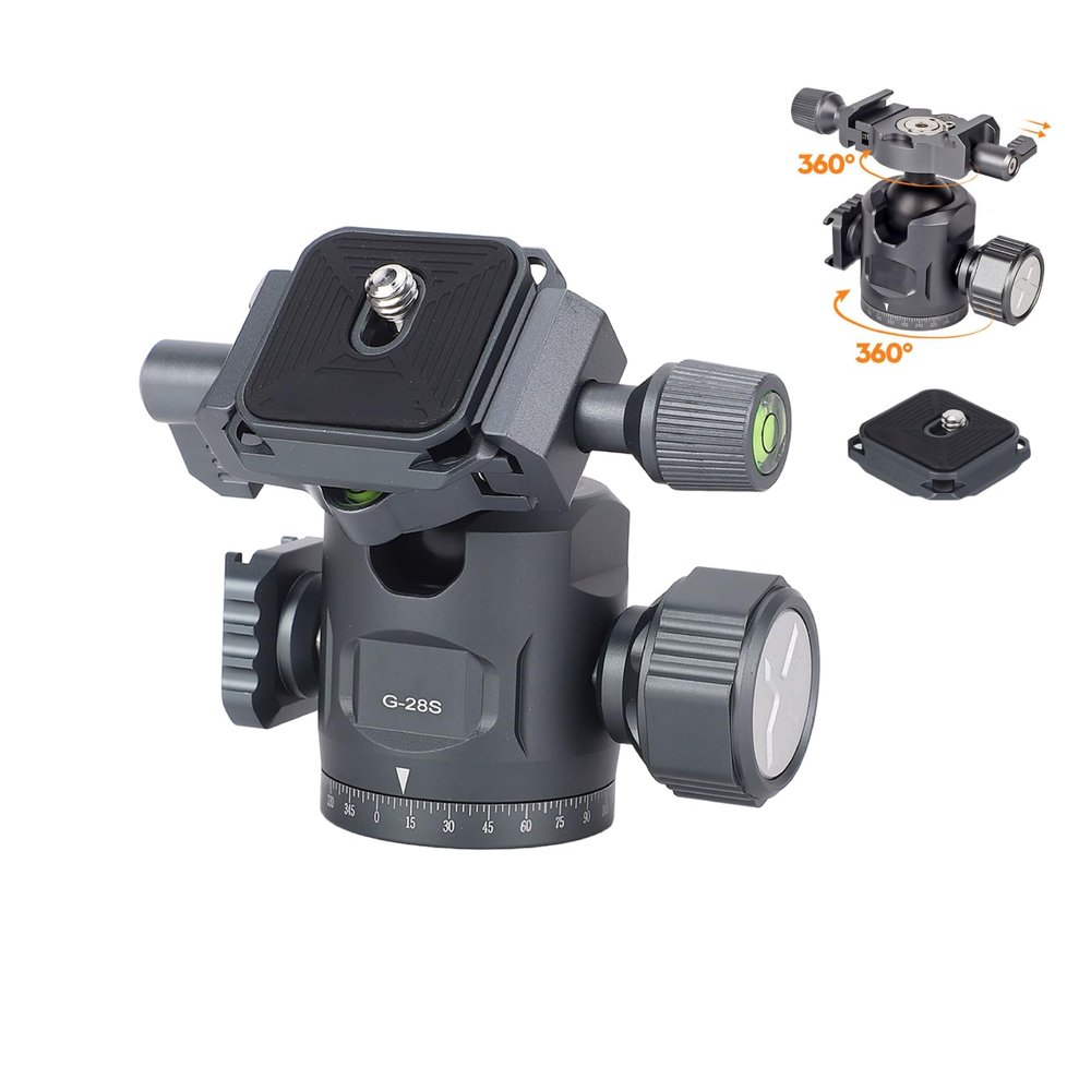 Ball Head with Cold Shoe, Metal 360 Rotating Panoramic Ball Head with QR Plate Up 26.46lbs Load Double Panoramic Damping Tripod Head 3/8 Threaded Hole for Tripod Slider Monopod