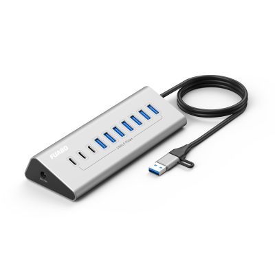10 Ports USB HUB 7 USB-A and 3 USB-C Ports Multiport Adapter, USB3.0 Aluminum USB C to USB Hub for iPhone 16/15 Series, MacBook, iPad