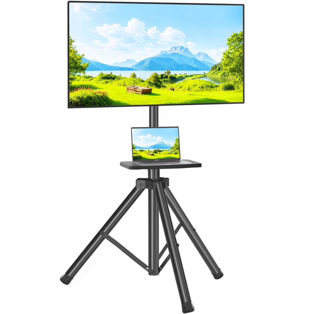 TVON TV Tripod Stand with Shelf for 23-80 inch LED LCD Flat Screen/Curved TVs, Portable TV Stand with 15 Tilt and Height Adjustment Holds up to 100lbs, Outdoor TV Mount Max VESA 600x400m