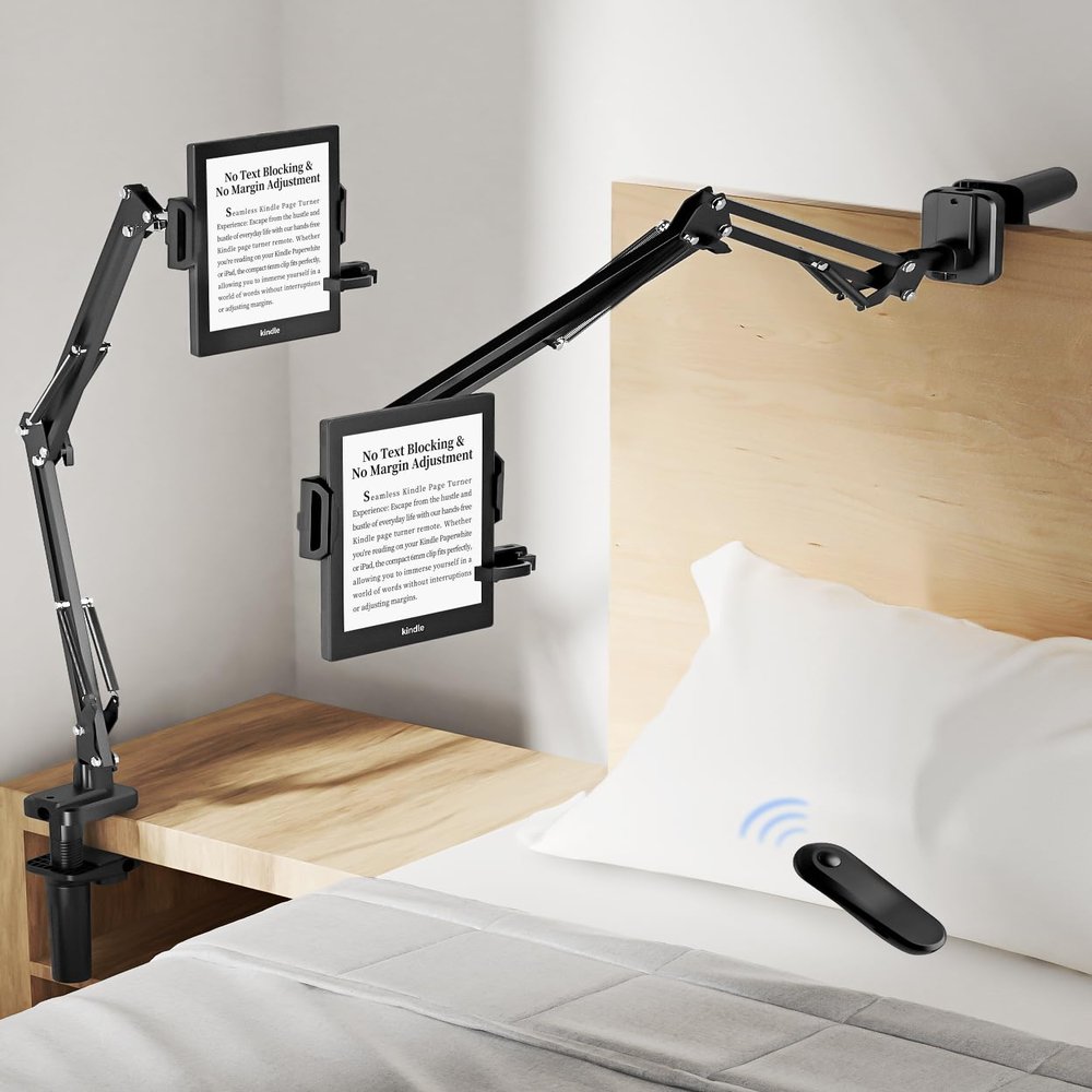 Bongogoo Kindle Holder with Remote Page Turner Kindle Stand with Remote Page Turner for Bed, Hands-Free Clip Mount, Easy-Adjust Steel Arm (Not Gooseneck), No Text Blocking