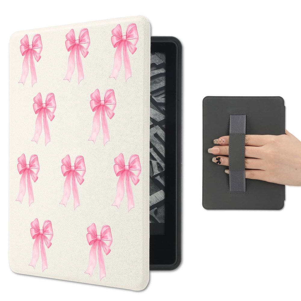 Joyland Cute Pink Bow Pattern for Kindle Paperwhite 12th Gen 2024 (7inch) Premium PU Leather Protective Sleeve Cover with Hand Strap,Auto Sleep/Wake