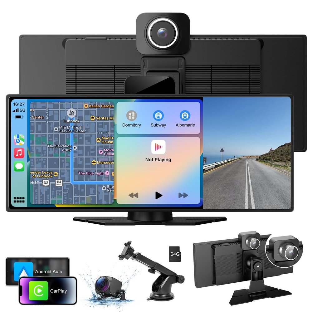 10.26" HD Wireless Android & Carplay Screen for Car, Portable Touchscreen Car Stereo with 4K Dash Cam, 1080P Backup Camera, Bluetooth, AUX/FM, Siri, Mirror Link, GPS Navigation