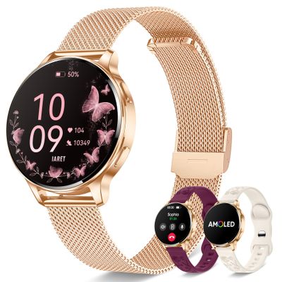 Smart Watches for Women, 1.27 AMOLED Fitness Tracker with Heart Rate SpO2 Sleep Monitor, 3 Bands, 120+ Sport Modes, Call & Notifications, Smartwatch for Android & iPhone Compatible, 40mm Rose Gold