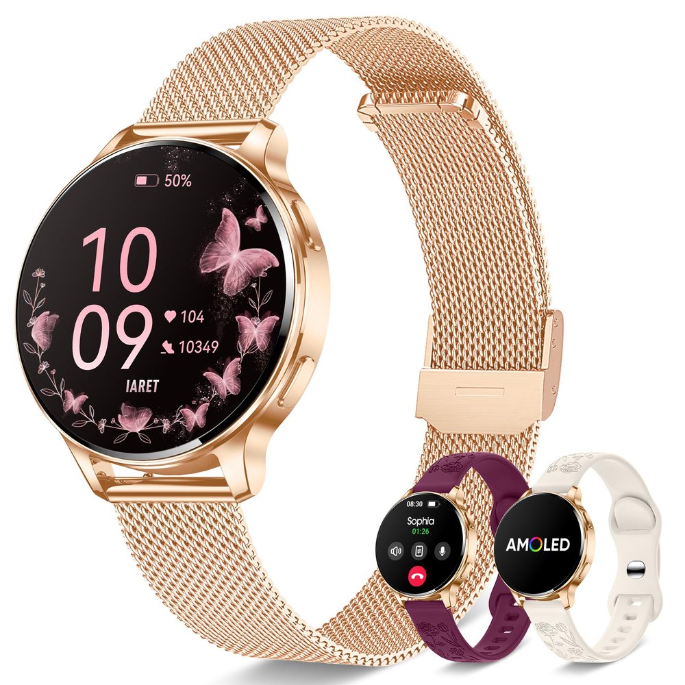 Smart Watches for Women, 1.27 AMOLED Fitness Tracker with Heart Rate SpO2 Sleep Monitor, 3 Bands, 120+ Sport Modes, Call & Notifications, Smartwatch for Android & iPhone Compatible, 40mm Rose Gold