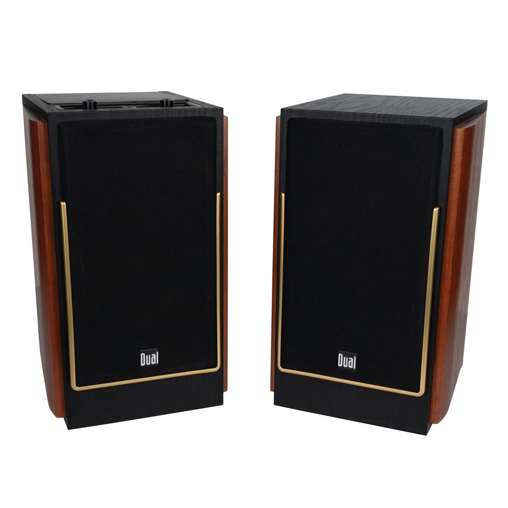 Dual Electronics LUHSL20B Cherrywood & Black 2-Way Bookshelf Speakers with Smart Speaker Dock | Class-D Amplifier | Bluetooth | Home, PC | Loud & Deep Bass | Wireless Remote Control | Sold in Pairs