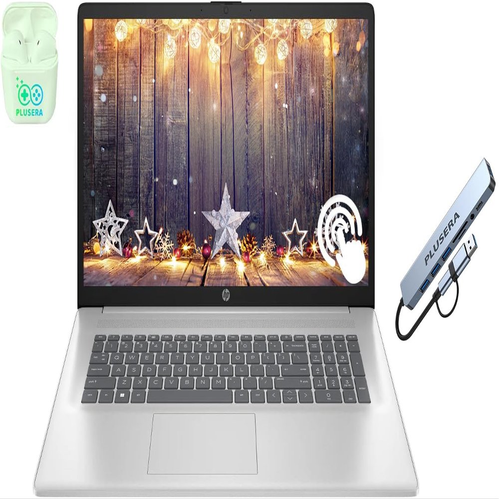 HP 17.3" Touchscreen Laptop Computer, 32GB RAM 1.5TB Storage (1TB SSD+512GB Docking Station Set), 6-Cores AMD Ryzen 5, Windows 11, PLUSERA Earphones