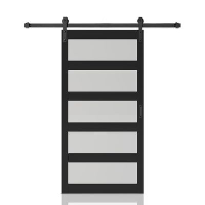 48 in. x 84 in. 5 Lite Tempered Frosted Glass Black Finished Composite Interior Sliding Barn Door with Hardware Kit