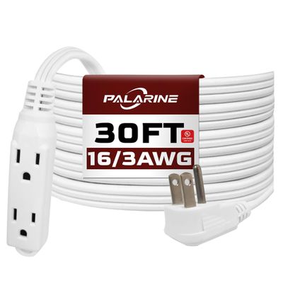 PALARINE Flat Plug Extension Cord with 3 Outlets Extender, Indoor Extension Cord Flat Plug Power Strip 16 Gauge 30FT White 3 Prong, 16/3 SPT-3 13A, UL Listed