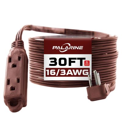 PALARINE Flat Plug Extension Cord with 3 Outlets Extender, Indoor Extension Cord Power Strip, 16 Gauge 30FT Brown 3 Prong, 16/3 SPT-3 13A, UL Listed