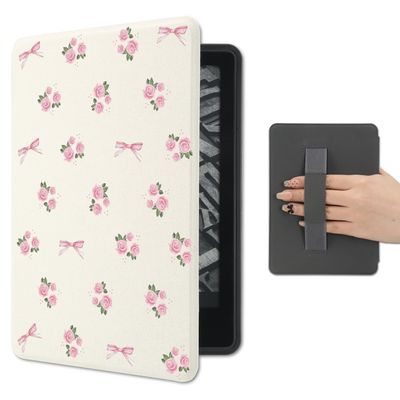 AdorableWhimsy Floral Bowknot Case Compatible with Kindle Paperwhite 12th Generation 7 Inch & for Kindle Colorsoft Signature Edition 2024 with Hand Strap PU Leather Folio Cover Auto Sleep/Wake