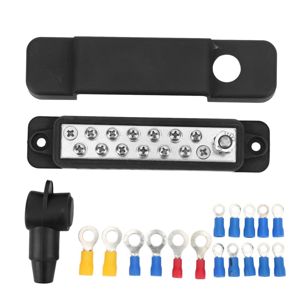 12 Terminal Distribution Block, ABS Zinc Alloy Brass Stainless Steel Busbar Block with Cover for Car Marine RV Yacht, 48VDC 180A (Black