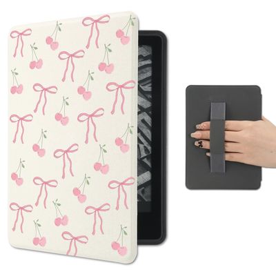 AdorableWhimsy Cute Cherry Bowknot Case Compatible with Kindle Paperwhite 12th Gen 2024 Release 7 Inch(KPW6)& Kindle Colorsoft Signature Edition with Hand Strap Auto Sleep/Wake PU Leather Folio Cover