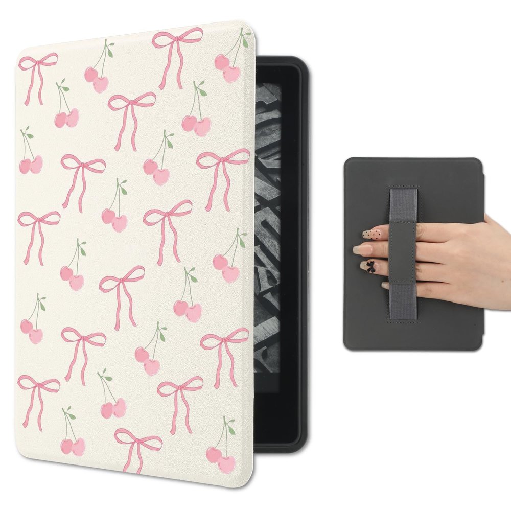 AdorableWhimsy Cute Cherry Bowknot Case Compatible with Kindle Paperwhite 12th Gen 2024 Release 7 Inch(KPW6)& Kindle Colorsoft Signature Edition with Hand Strap Auto Sleep/Wake PU Leather Folio Cover