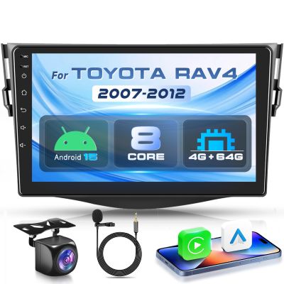 4G+64G with Qualcomm 8 Core Android 15 Car Stereo for Toyota RAV4 2007-2012 Wireless Carpaly Android Auto 9 Touch Screen GPS, WiFi, Bluetooth 5.1, DSP,SWC, Backup Camera