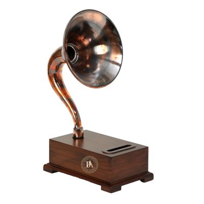 Decorative Antique Handcrafted Gramophone  Wooden Base with Brass Speaker (Non-Electric, Vintage Style)