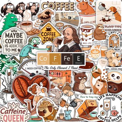 100Pcs Funny Coffee Stickers for Cups, Water Bottles & Scrapbook - Coffee Gifts, Party Decorations, Party Supplies - Gifts for Men & Women