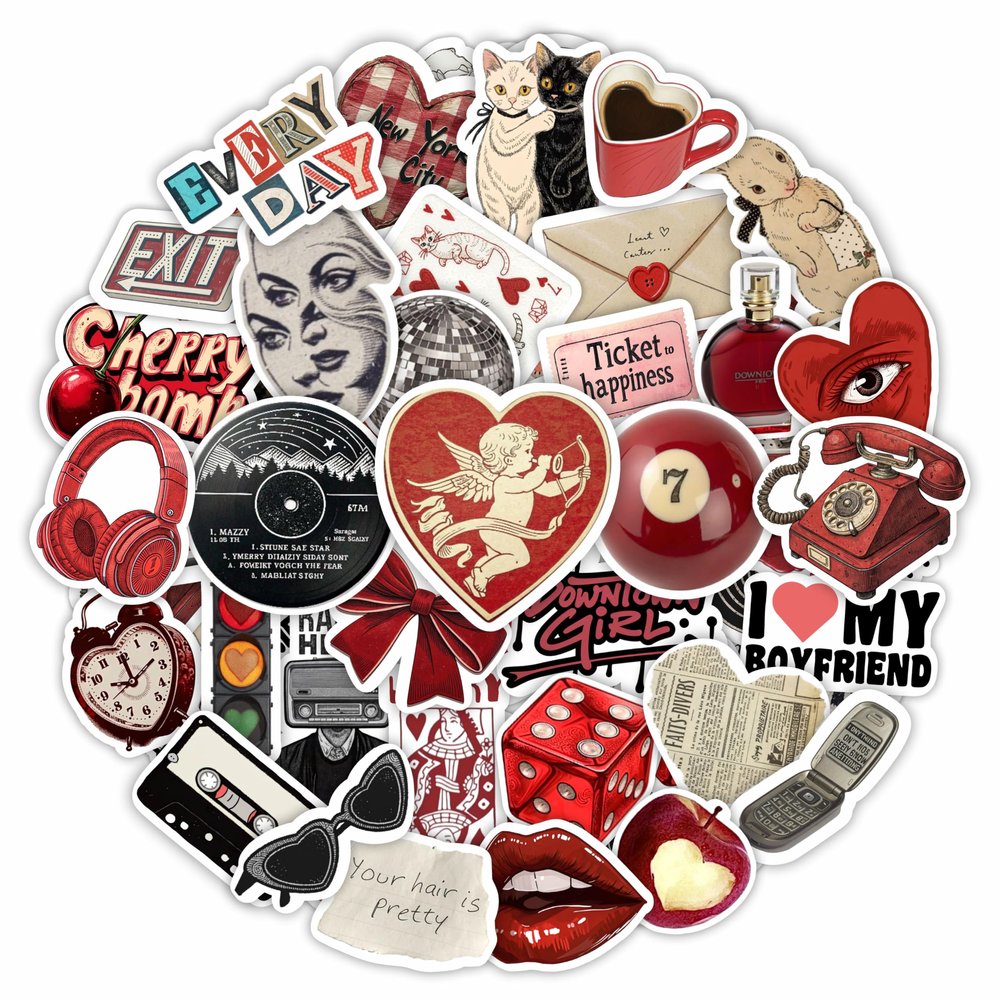 100Pcs Red Aesthetic Stickers - Cool Y2K Stickers for Water Battle, Laptop - Downtown Girl Party Supplies, Decoration