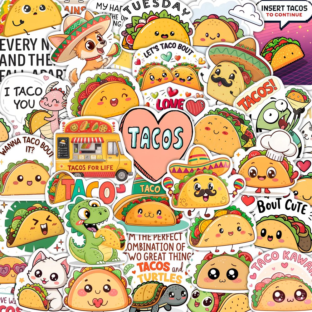 100Pcs Taco Stickers - Taco Party Supplies, Decorations - Food Stickers - Gift for Women & Men