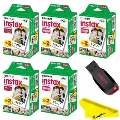 Fujifilm Instax Mini Instant Camera Film with Sandisk 32 GB USB Flash Drive + 5 x Mini Twin Packs (100 Sheets) and Buzz-Photo Microfiber Cleaning Cloth