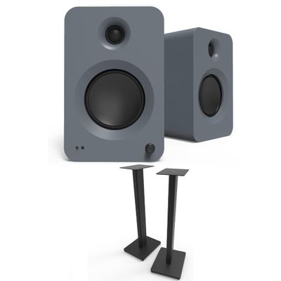 Kanto REN Grey Bluetooth Powered Bookshelf Speakers - Matte Grey Pair ST28 28" Floor Speaker Pair of Stands with Black MDF Base (2024)