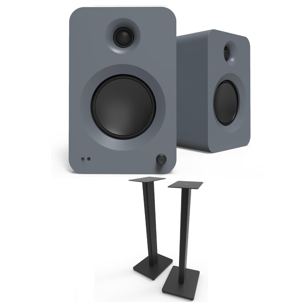 Kanto REN Grey Bluetooth Powered Bookshelf Speakers - Matte Grey Pair ST28 28" Floor Speaker Pair of Stands with Black MDF Base (2024)