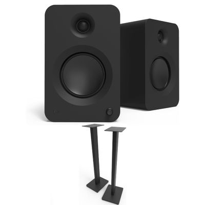 Kanto REN MB Bluetooth Powered Bookshelf Speakers - Matte Black Pair ST34 34" Floor Speaker Pair of Stands with Black MDF Base (2024)