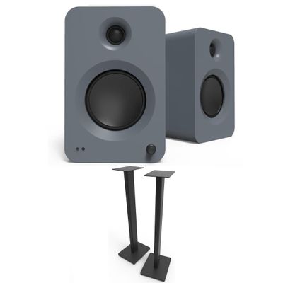 Kanto REN Grey Bluetooth Powered Bookshelf Speakers - Matte Grey Pair ST34 34" Floor Speaker Pair of Stands with Black MDF Base (2024)