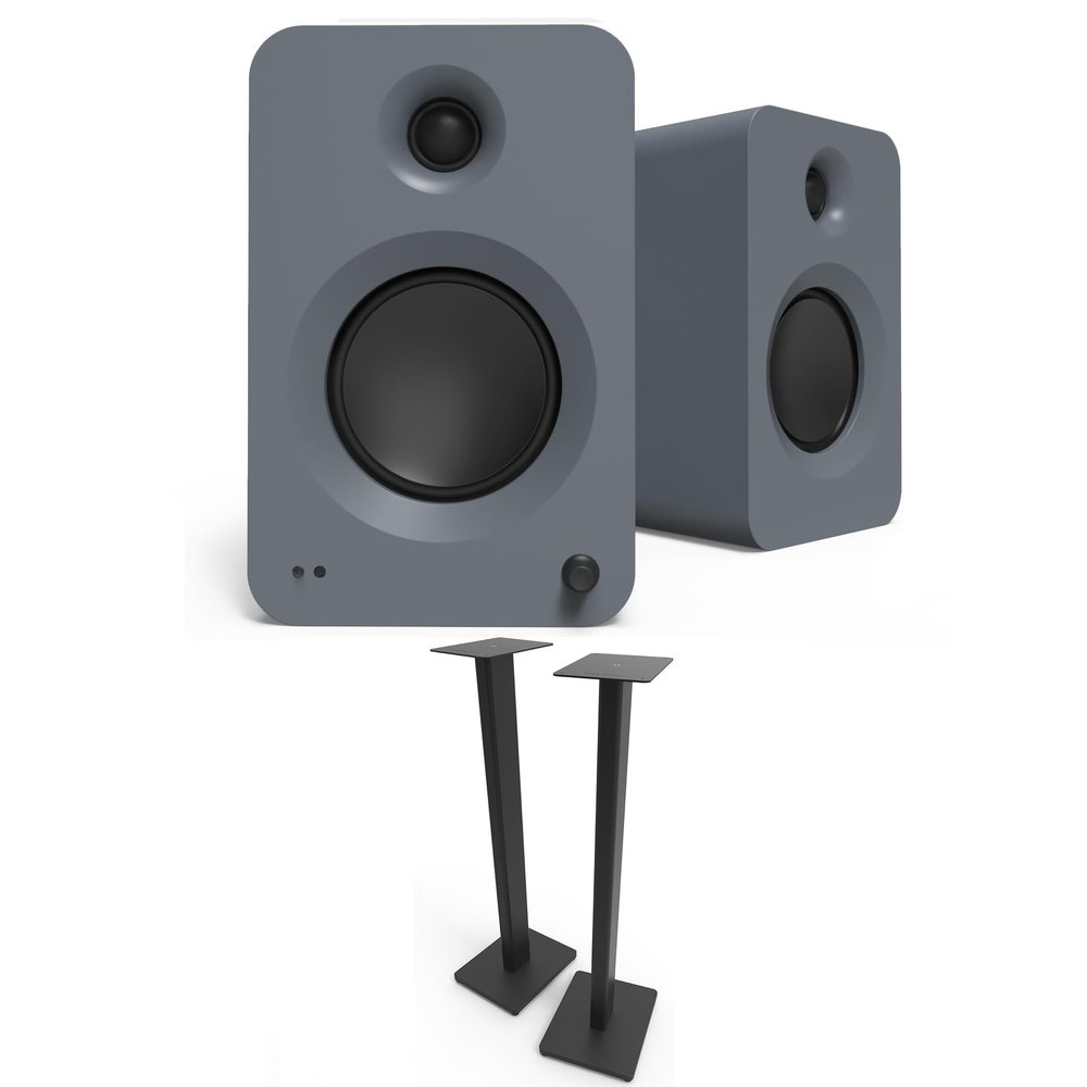 Kanto REN Grey Bluetooth Powered Bookshelf Speakers - Matte Grey Pair ST34 34" Floor Speaker Pair of Stands with Black MDF Base (2024)