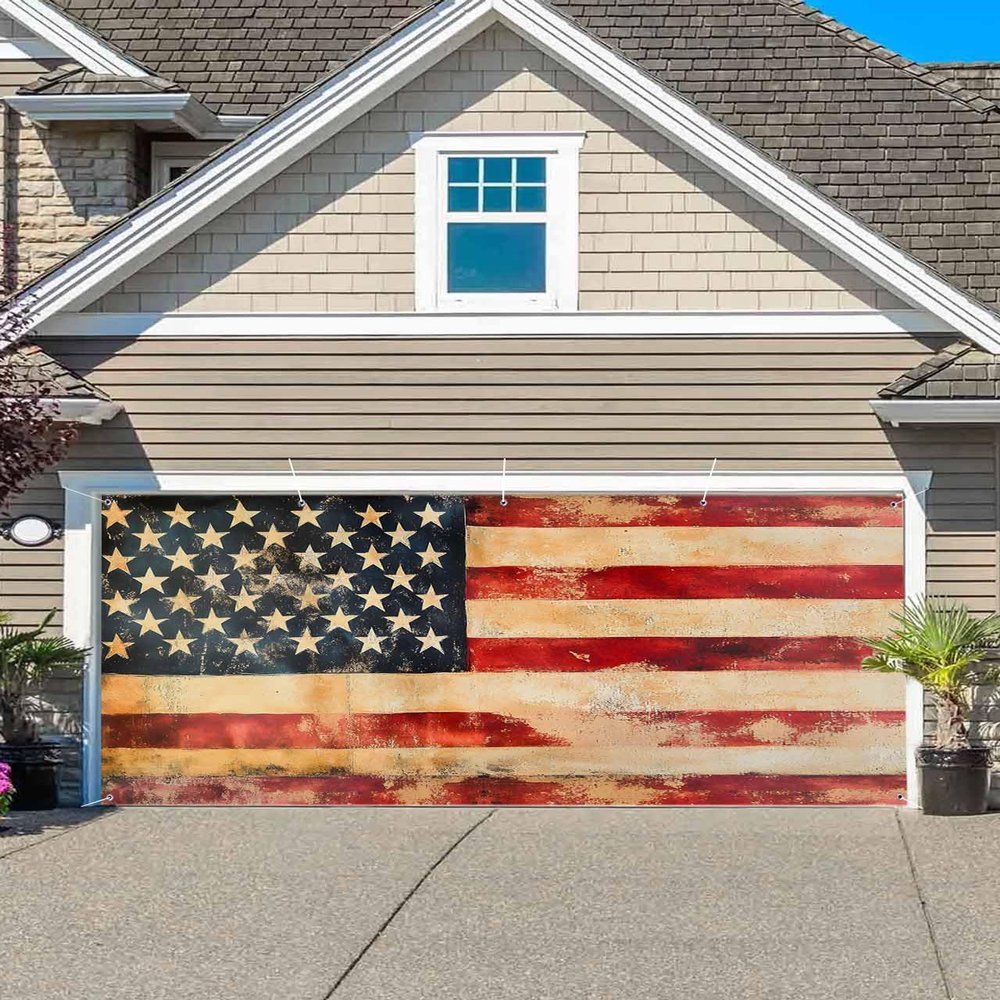 4th of July Garage Door Banner 6x13 ft Retro Red and Blue Chrismtas Backdrop Decorations Garage Banner Cover for Xmas Eve New Year Holiday Outside Wall Decor