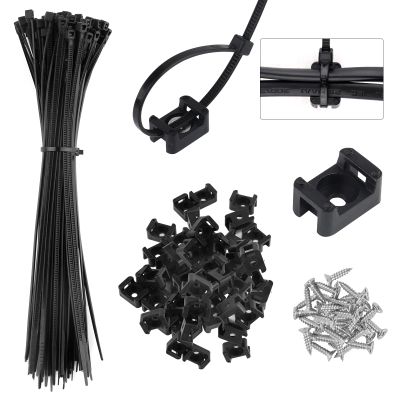 100Pack Saddle Type Cable Zip Tie Mounts Base Kit with 100Pcs 7.5Inch Nylon Cable Ties and 100Pcs Screws,Wire Clips Organizer,Cable Management Clamps for Wall,Desk,Baseboard (Black)