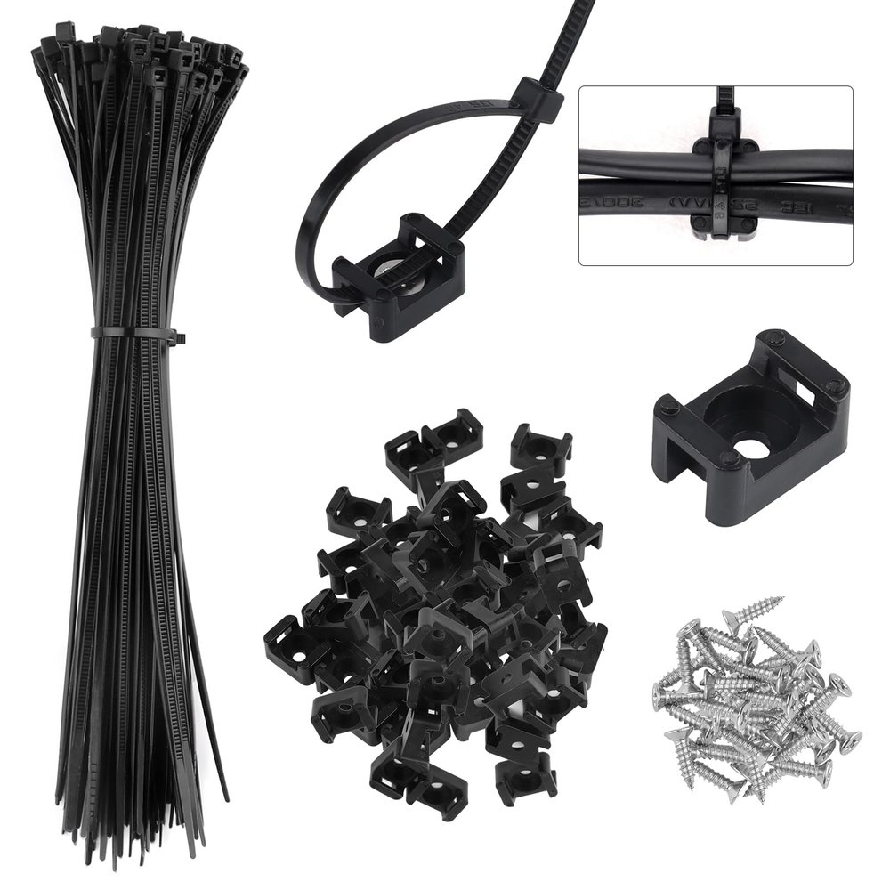 100Pack Saddle Type Cable Zip Tie Mounts Base Kit with 100Pcs 7.5Inch Nylon Cable Ties and 100Pcs Screws,Wire Clips Organizer,Cable Management Clamps for Wall,Desk,Baseboard (Black)