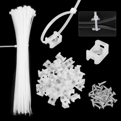 100Pack Saddle Type Cable Zip Tie Mounts Base Kit with 100Pcs 7.5Inch Nylon Cable Ties and 100Pcs Screws,Wire Clips Organizer,Cable Management Clamps for Wall,Desk,Baseboard (White)