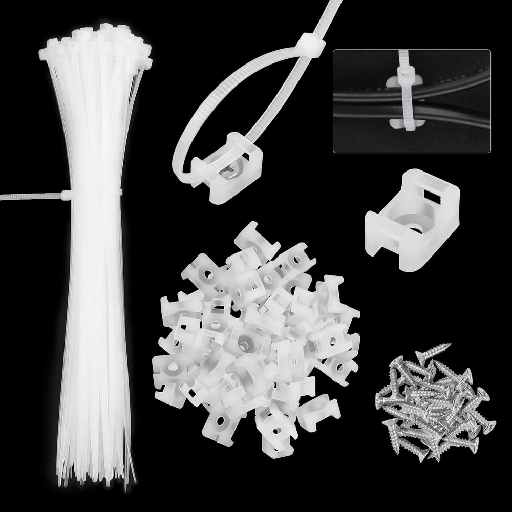 100Pack Saddle Type Cable Zip Tie Mounts Base Kit with 100Pcs 7.5Inch Nylon Cable Ties and 100Pcs Screws,Wire Clips Organizer,Cable Management Clamps for Wall,Desk,Baseboard (White)