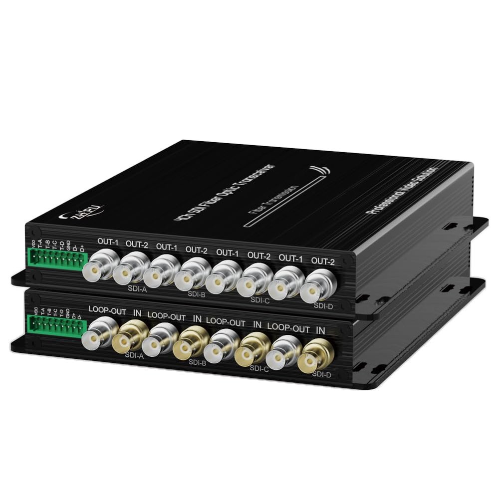 Htfoevrxs 4-Channel HD-SDI Fiber Converter with Loop Output, 1080p@30Hz Video Extender up to 20km via Single-Mode ST Fiber, Includes Transmitter & Receiver Pair + 1Ch RS485 & 4Ch Tally