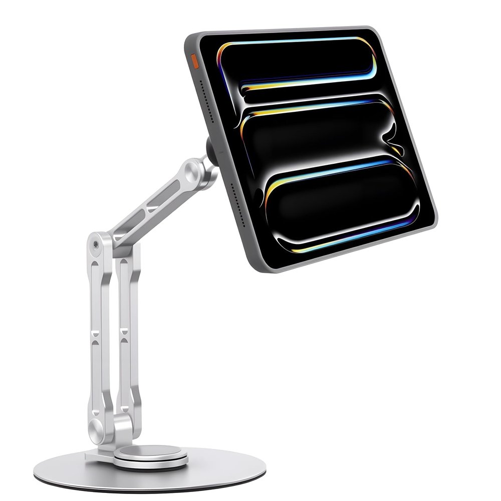 Msounehna Magnetic iPad Stand for Desk, Foldable Aluminum Alloy Tablet Holder with 360 Adjustable Base | Ergonomic Portable Design for Home Office & Conference Rooms