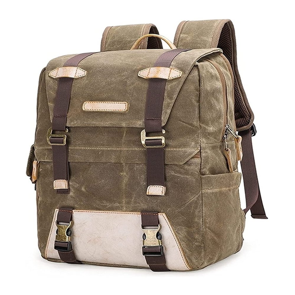 Camera Business Backpack Vintage Canvas DSLR Photography Shoulder Bag Outdoor Casual Rucksack Hiking Travel(Khaki)