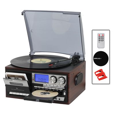 All in One Vintage 3 Speed Vinyl Record Player with Built-in Speakers,Bluetooth in/Out Turntable,CD Player/Cassette/USB/TF Card,AUX in,FM/AM Radio,RCA Out,Recording