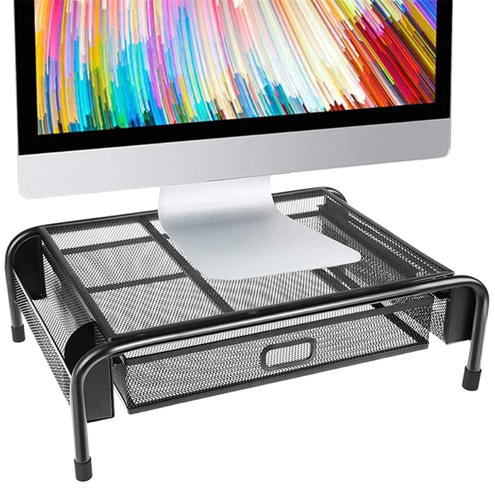 GGGUOJINN Monitor Stand Mesh Metal Printer Stand with Drawers and Side Compartment Pockets Can Hold Computers Laptops Pens