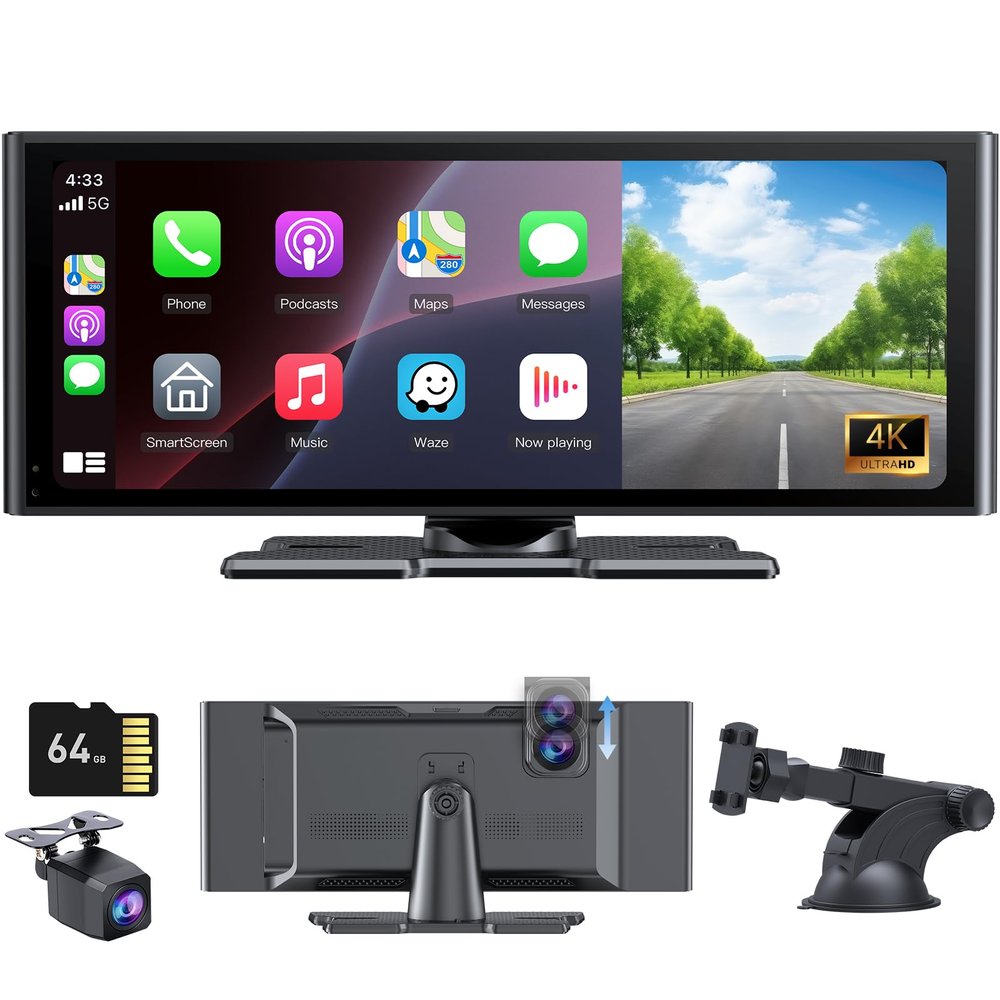 Wonsidary 10.26" CarPlay Screen for Car with 4K DashCam&1080P Backup Camera