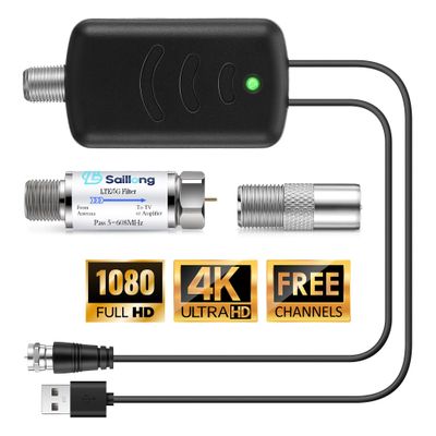 Saillong TV Antenna Amplifier with LTE Filter Kit, Antenna Signal Booster for TV Indoor, Low Noise/Clears Up Pixelated Amplifier, High Gain Signal Booster, USB Powered