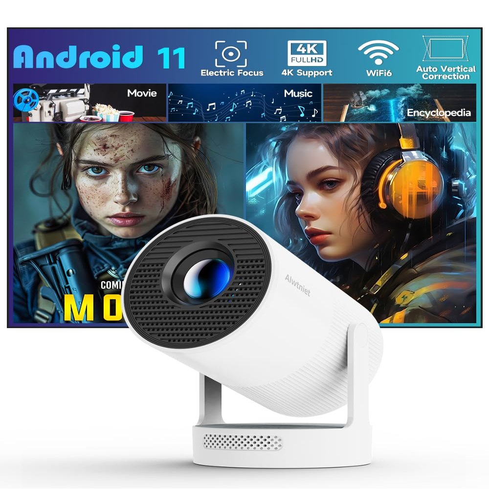 Electric FocusMini Projector with WiFi 6 and Bluetooth 5.4, Smart Portable Projector 4k Support, 5W Soundbase Speaker, Auto Keystone 180 Rotation, Home Outdoor Movie Proyector HY300Ultra